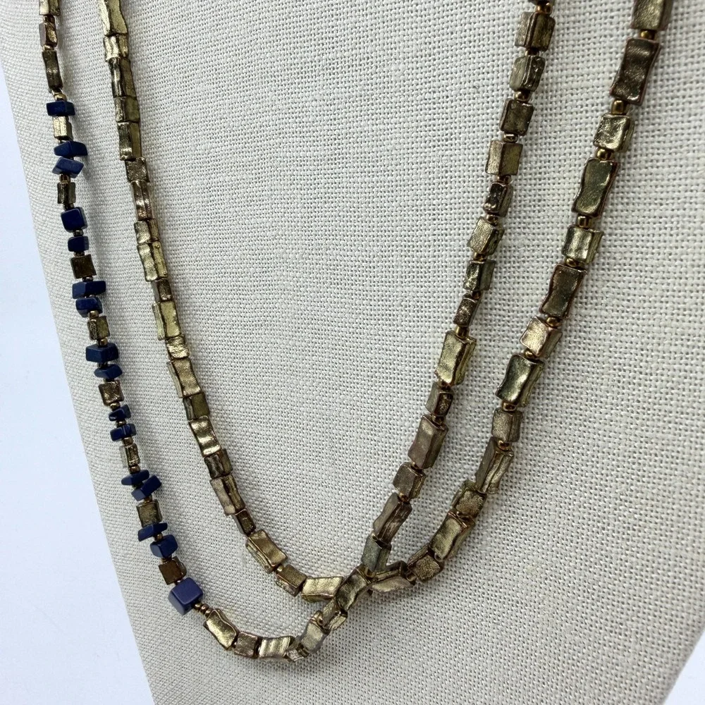 Bronze Tone Blue Chip Bead Double Strand Leather Cord Boho Statement Necklace
